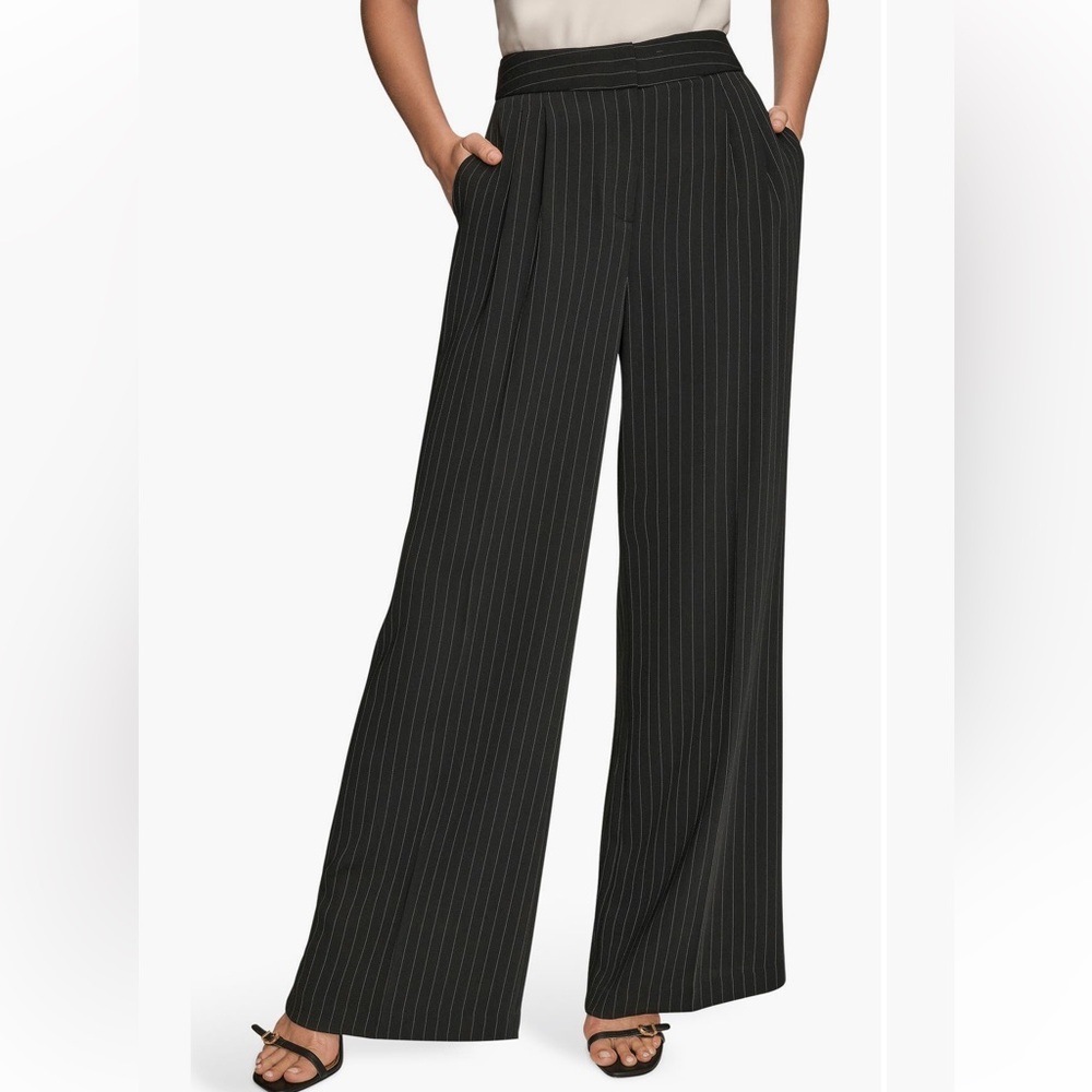 ANNE KLEIN Pinstripe Cuffed Wide Leg Pants Black Stripe 6P NWOT $89
